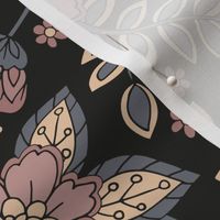 Blue-Gray, Mauve, Pink, Peach & Black Floral Pattern