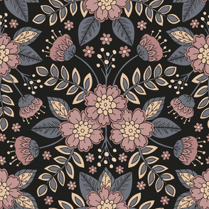 Blue-Gray, Mauve, Pink, Peach & Black Floral Pattern