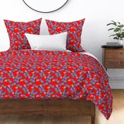 Blue floral on cherry red
