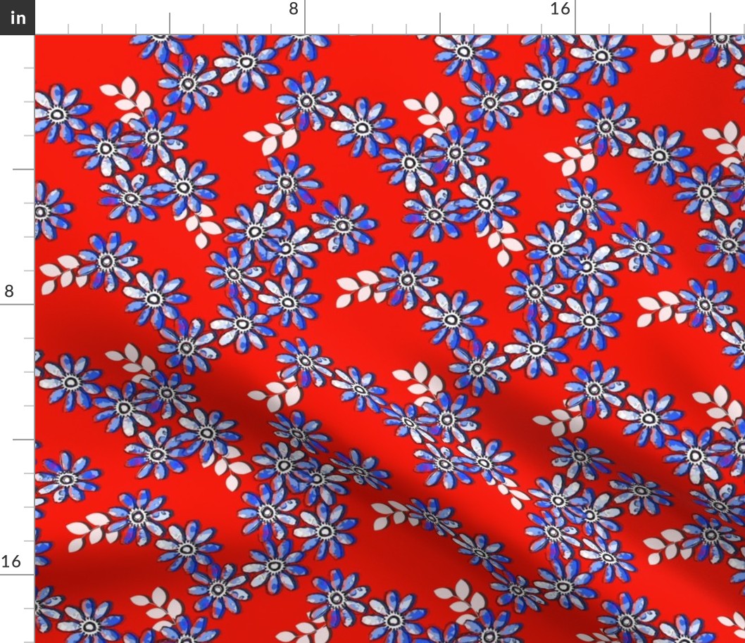 Blue floral on cherry red