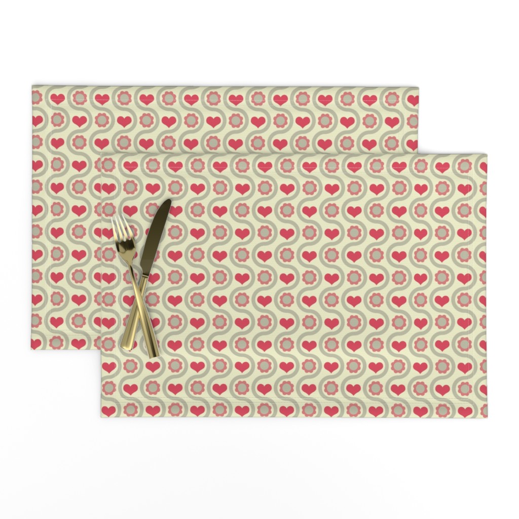 Rosy hearts, taupe flowers amidst beige wavy lines for a vintage, homey feel.