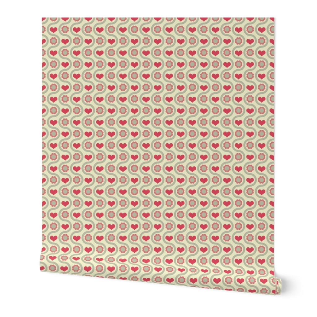 Rosy hearts, taupe flowers amidst beige wavy lines for a vintage, homey feel.