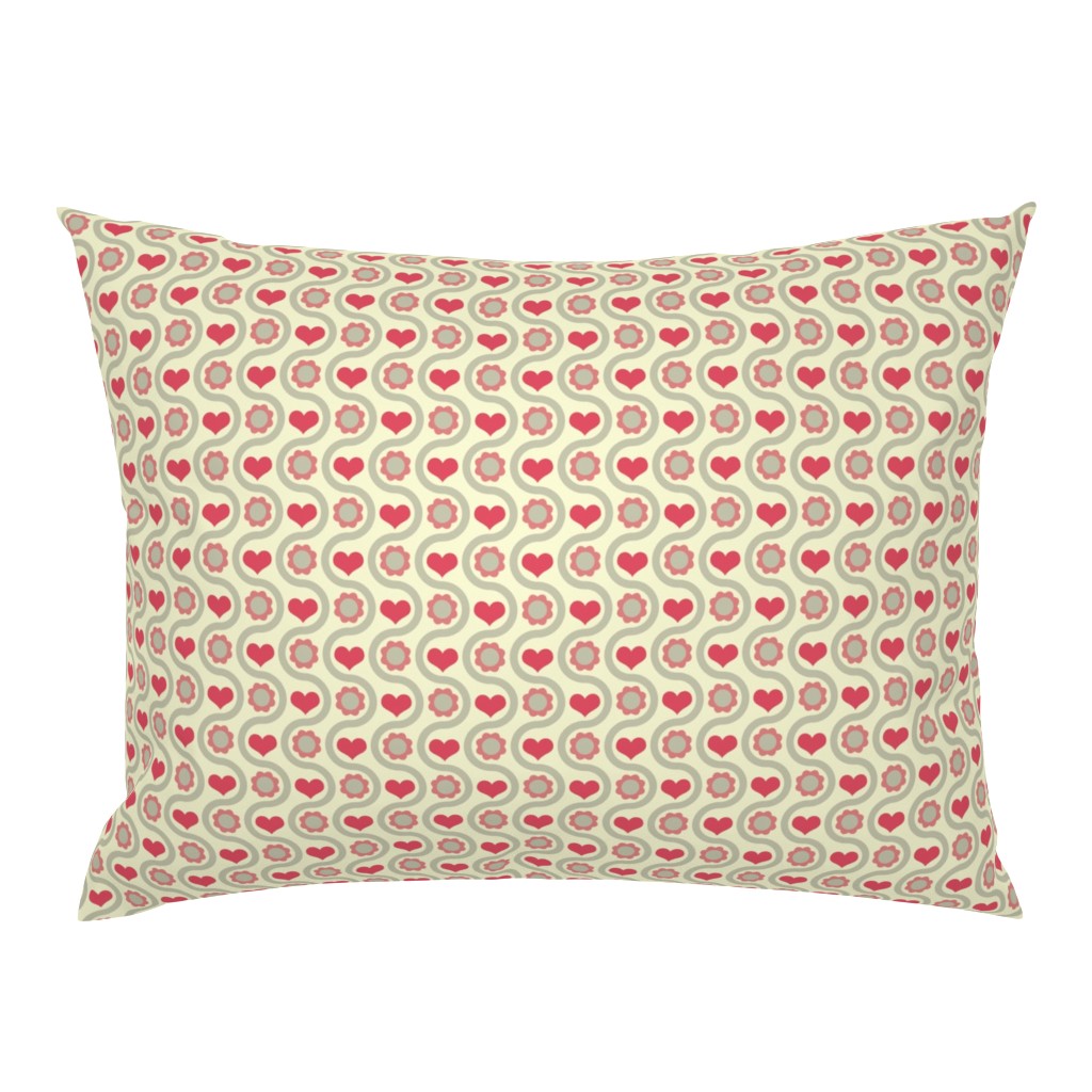 Rosy hearts, taupe flowers amidst beige wavy lines for a vintage, homey feel.