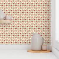 Rosy hearts, taupe flowers amidst beige wavy lines for a vintage, homey feel.