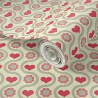 Rosy hearts, taupe flowers amidst beige wavy lines for a vintage, homey feel.