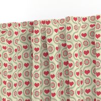 Rosy hearts, taupe flowers amidst beige wavy lines for a vintage, homey feel.