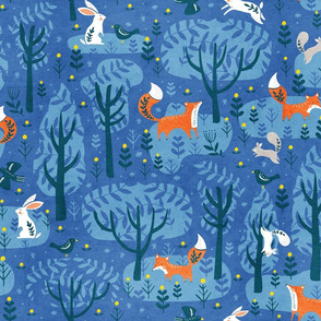 Foxes in the emerald forest in blue
