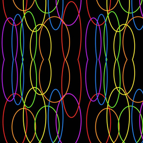 Curved layered rainbow colored shapes on a black background
