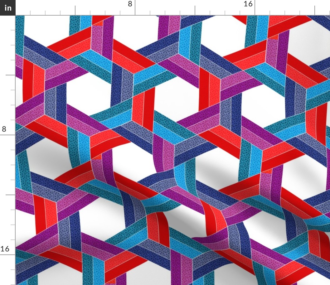 Braided Hexagons in Red Blue Purple and Turquoise on White