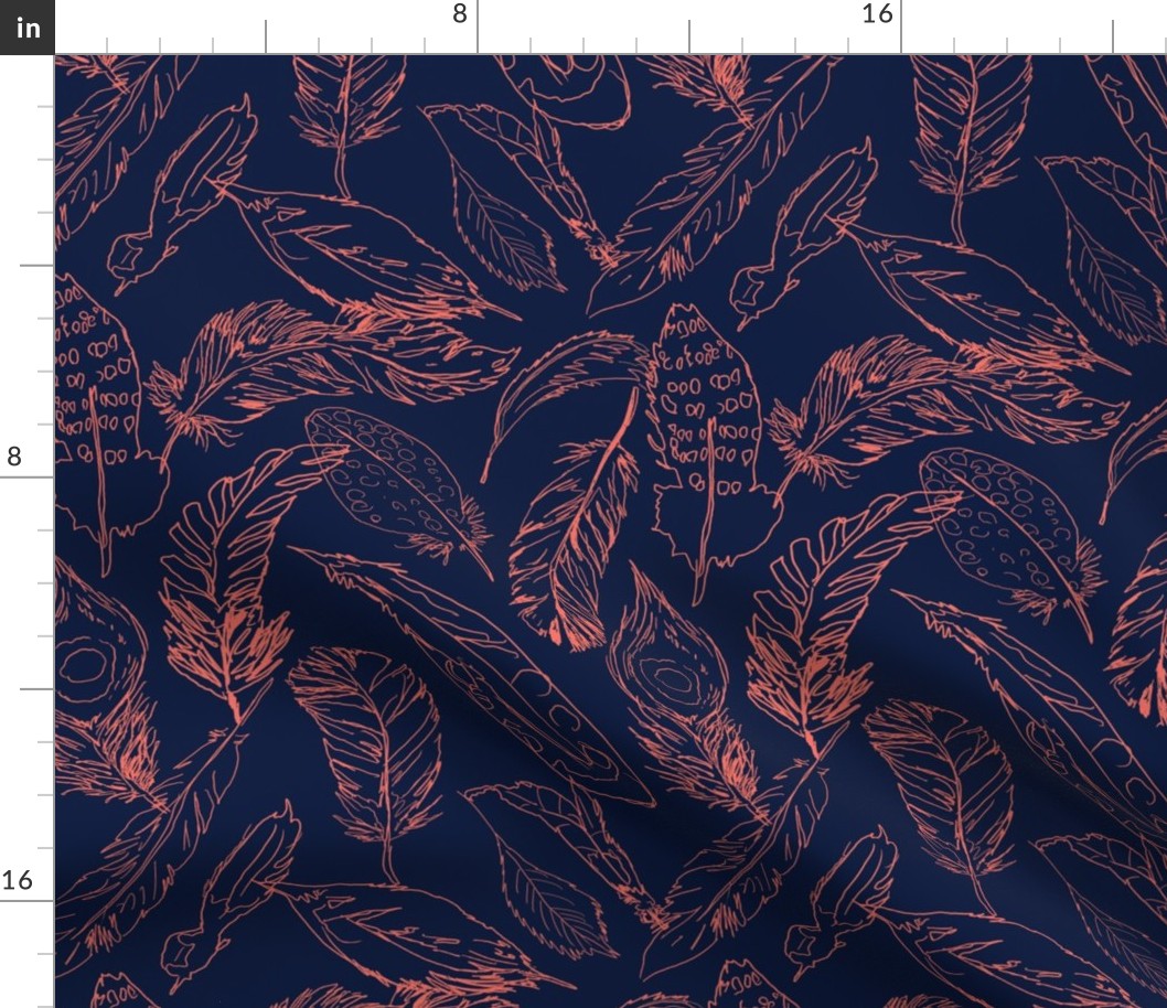 Fancy Feathers // Living Coral on Navy