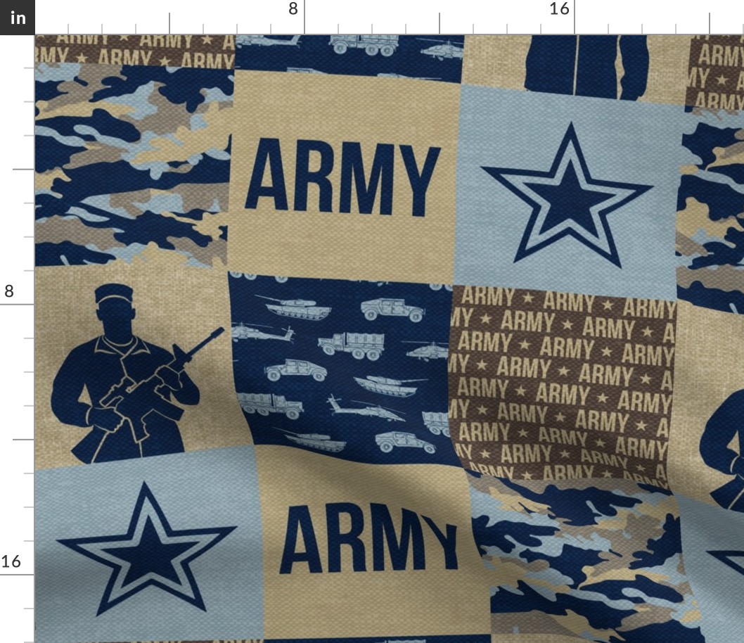 Army - Patchwork fabric - Soldier Military -  tan and blue - LAD19