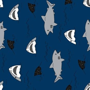shark attack // navy blue shark fin summer sharks fabric shark design