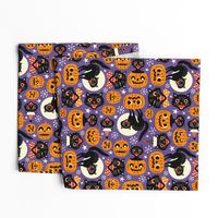 Large Scale / Spooky vintage cats and pumpkins / Purple