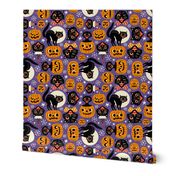 Large Scale / Spooky vintage cats and pumpkins / Purple