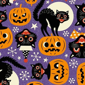 Large Scale / Spooky vintage cats and pumpkins / Purple