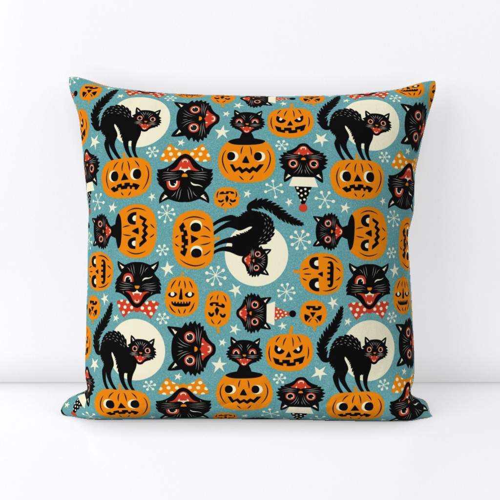 Large Scale / Spooky vintage cats and pumpkins /  Light blue