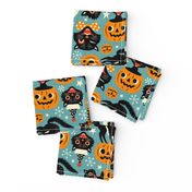 Large Scale / Spooky vintage cats and pumpkins /  Light blue