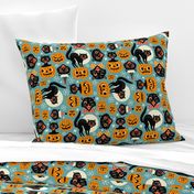 Large Scale / Spooky vintage cats and pumpkins /  Light blue