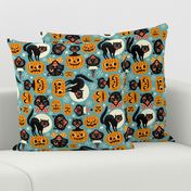 Large Scale / Spooky vintage cats and pumpkins /  Light blue