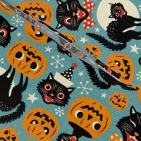 Large Scale / Spooky vintage cats and pumpkins /  Light blue