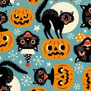 Large Scale / Spooky vintage cats and pumpkins /  Light blue