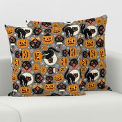 Large scale / Spooky vintage cats and pumpkins  / Grey