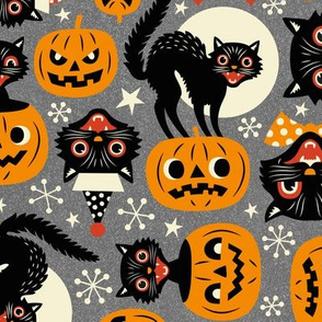 Large scale / Spooky vintage cats and pumpkins  / Grey