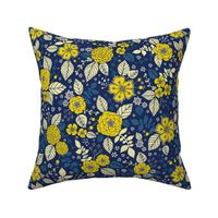 Bright Yellow & Blue Floral Print - Vibrant Flowers