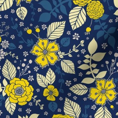 Bright Yellow & Blue Floral Print - Vibrant Flowers