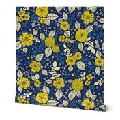 Bright Yellow & Blue Floral Print - Vibrant Flowers