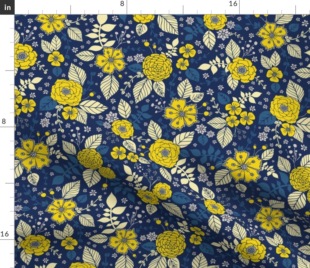 Bright Yellow & Blue Floral Print - Vibrant Flowers