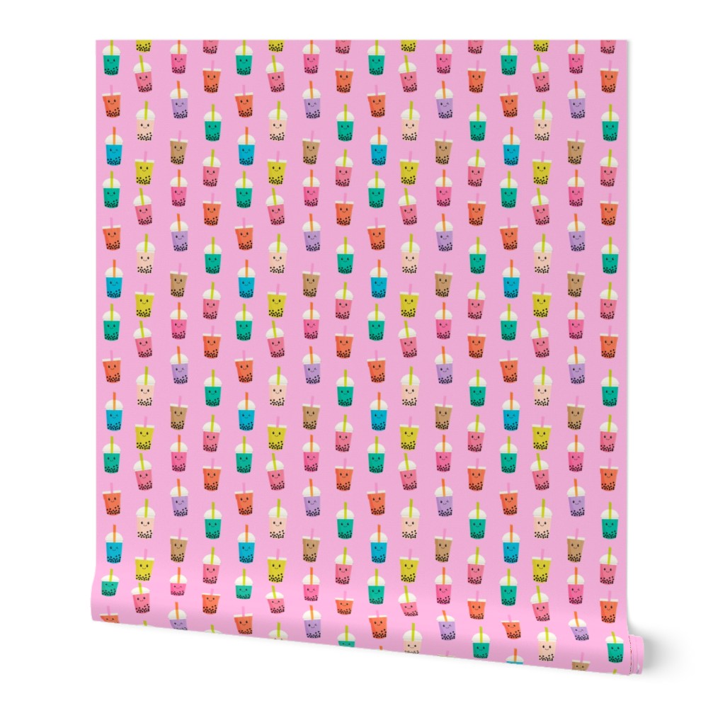 Boba Tea fabric - boba fabric, kawaii fabric, cute fabric, food fabric, bubble tea fabric, bubble tea, kawaii food - bright pink