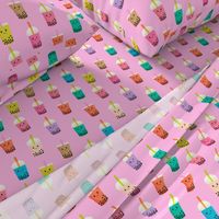 Boba Tea fabric - boba fabric, kawaii fabric, cute fabric, food fabric, bubble tea fabric, bubble tea, kawaii food - bright pink