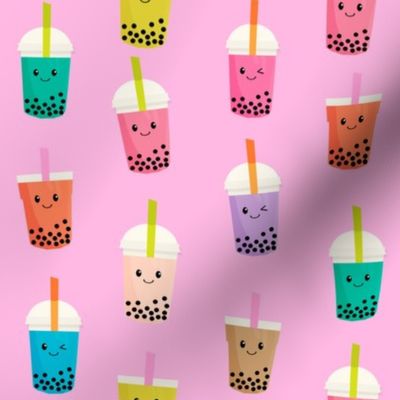 Boba Tea fabric - boba fabric, kawaii fabric, cute fabric, food fabric, bubble tea fabric, bubble tea, kawaii food - bright pink