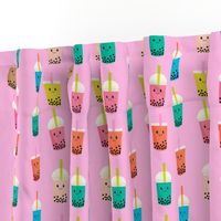 Boba Tea fabric - boba fabric, kawaii fabric, cute fabric, food fabric, bubble tea fabric, bubble tea, kawaii food - bright pink