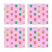 Boba Tea fabric - boba fabric, kawaii fabric, cute fabric, food fabric, bubble tea fabric, bubble tea, kawaii food - bright pink