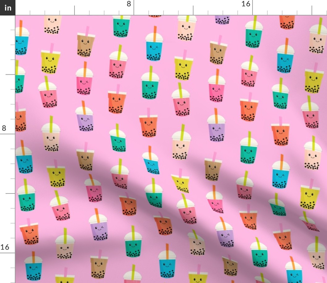 Boba Tea fabric - boba fabric, kawaii fabric, cute fabric, food fabric, bubble tea fabric, bubble tea, kawaii food - bright pink