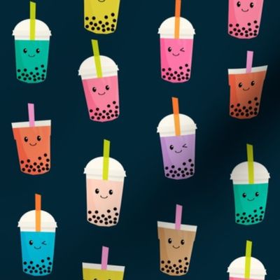 Boba Tea fabric - boba fabric, kawaii fabric, cute fabric, food fabric, bubble tea fabric, bubble tea, kawaii food - navy