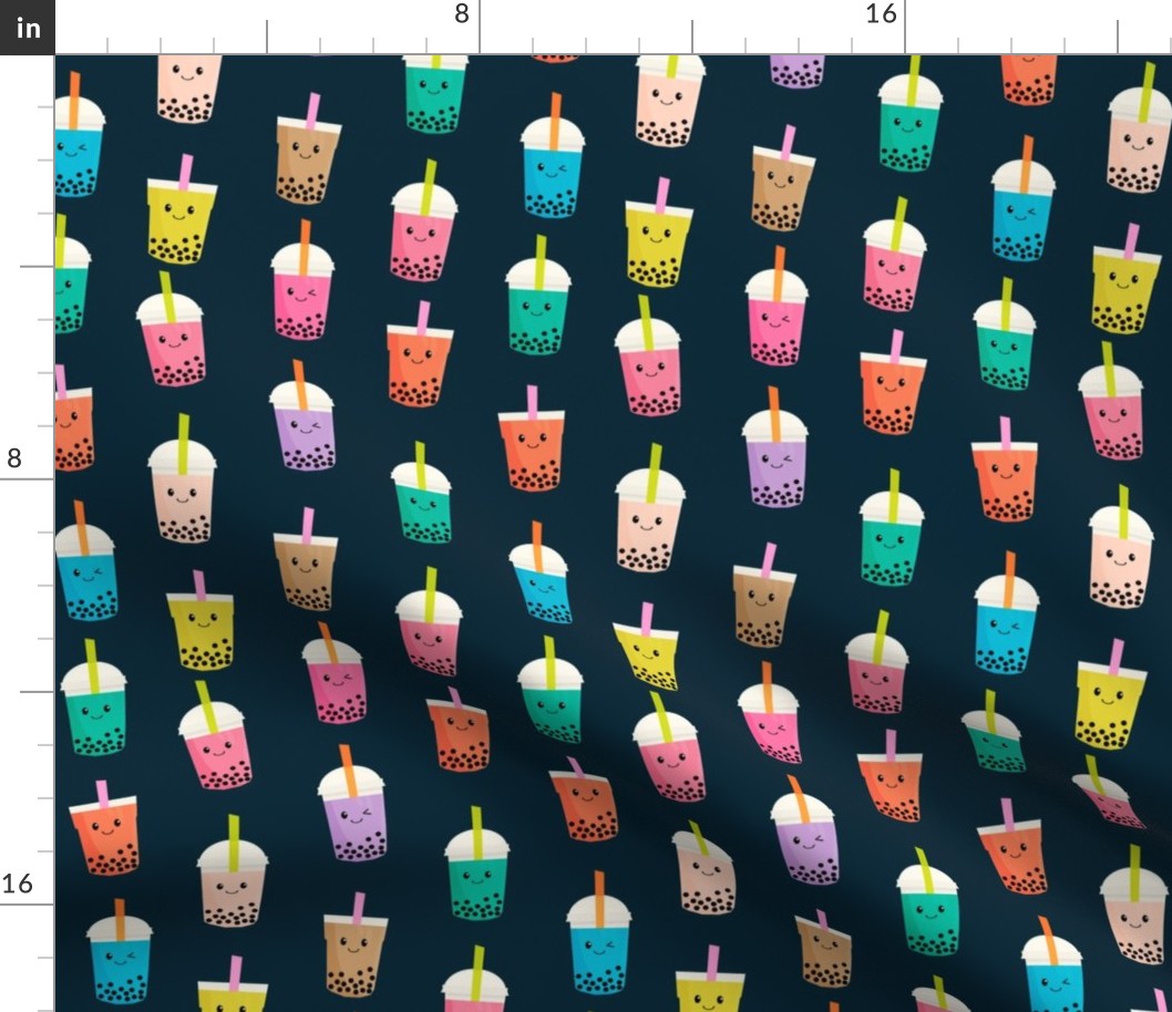 Boba Tea fabric - boba fabric, kawaii fabric, cute fabric, food fabric, bubble tea fabric, bubble tea, kawaii food - navy