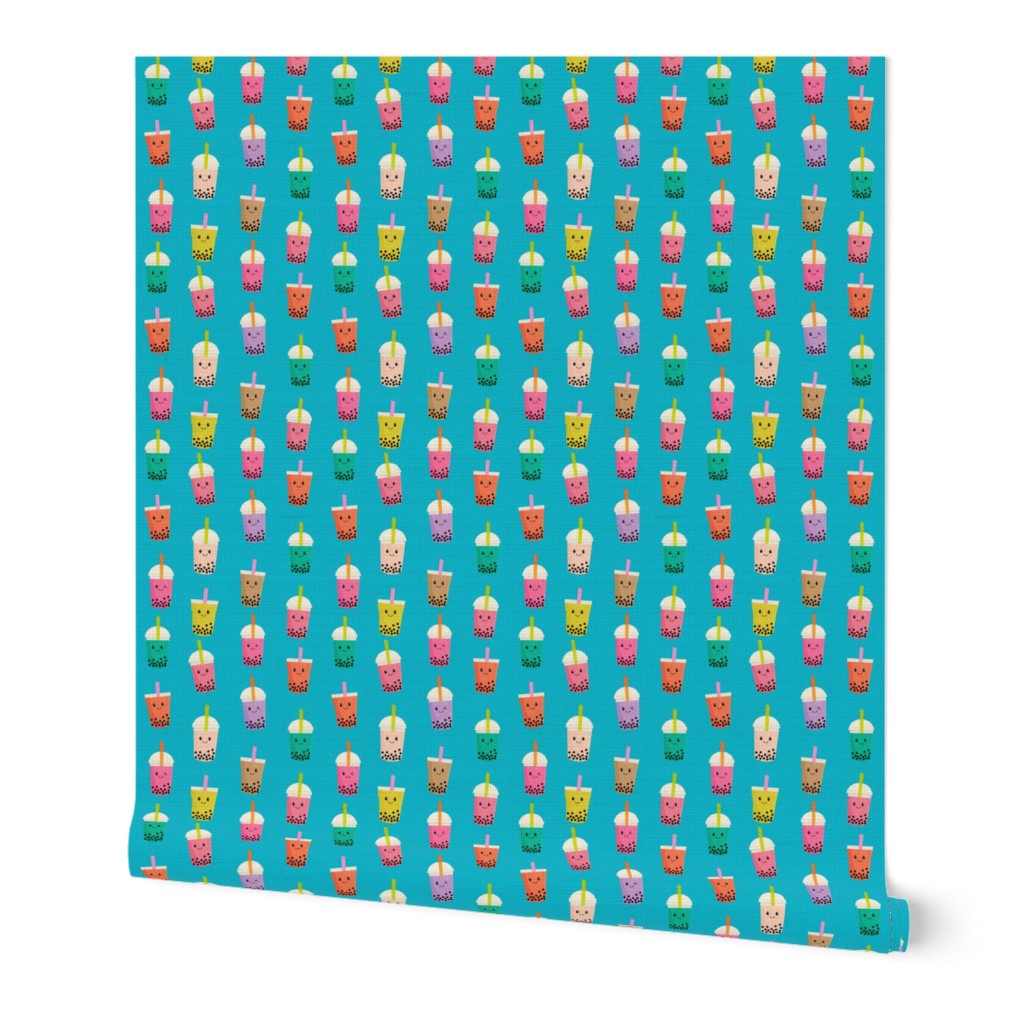 Boba Tea fabric - boba fabric, kawaii fabric, cute fabric, food fabric, bubble tea fabric, bubble tea, kawaii food - blue