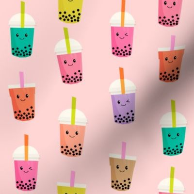 Boba Tea fabric - boba fabric, kawaii fabric, cute fabric, food fabric, bubble tea fabric, bubble tea, kawaii food - light pink