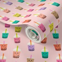 Boba Tea fabric - boba fabric, kawaii fabric, cute fabric, food fabric, bubble tea fabric, bubble tea, kawaii food - light pink