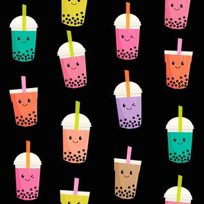 Boba Tea fabric - boba fabric, kawaii fabric, cute fabric, food fabric, bubble tea fabric, bubble tea, kawaii food - black