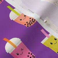 Boba Tea fabric - boba fabric, kawaii fabric, cute fabric, food fabric, bubble tea fabric, bubble tea, kawaii food - bright purple