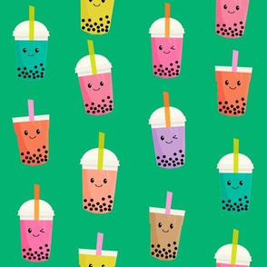 Boba Tea fabric - boba fabric, kawaii fabric, cute fabric, food fabric, bubble tea fabric, bubble tea, kawaii food - bright green