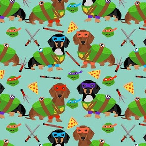 Dachshund ninja dog fabric - dachshund, dachshund fabric, dog fabric, ninja fabric, dog costume, dog costumes fabric - green blue