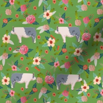 blue butt pig farm animal floral fabric - farm fabric, pig fabric, farm animal, pig, pigs, blue butt pig, pig breeds, farm animals, farm - green