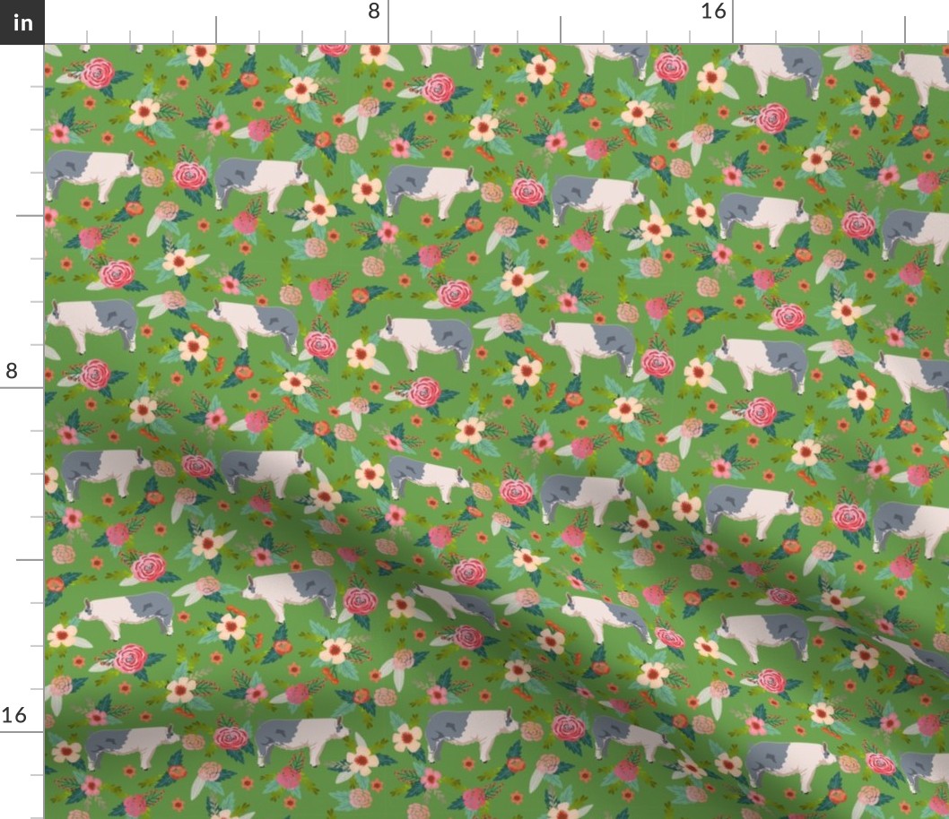 blue butt pig farm animal floral fabric - farm fabric, pig fabric, farm animal, pig, pigs, blue butt pig, pig breeds, farm animals, farm - green