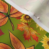 Leaves and Sunflowers Green Background 2 tone All Fall Autumn