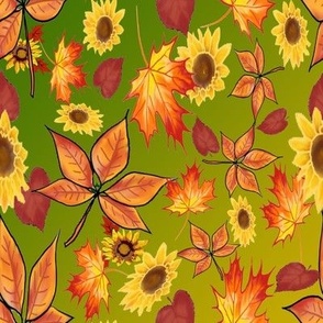 Leaves and Sunflowers Green Background 2 tone All Fall Autumn